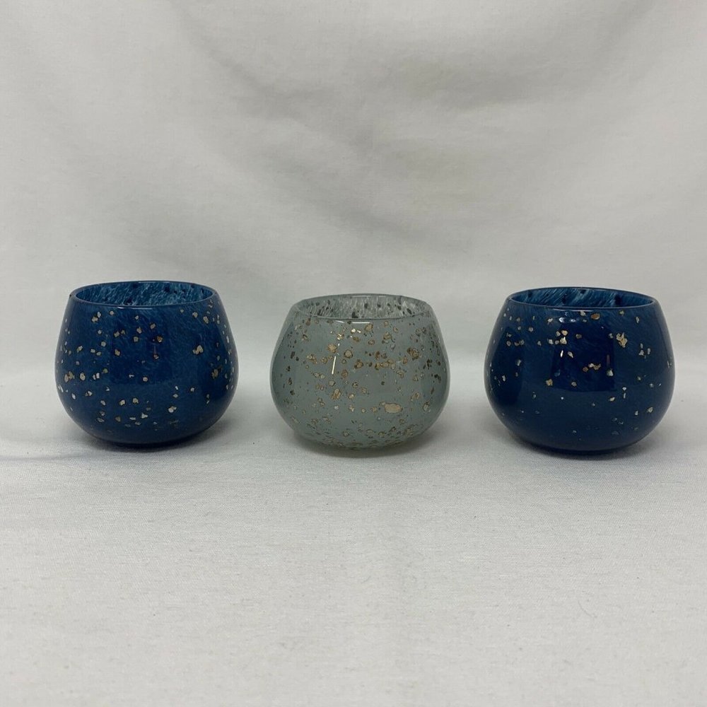 Blown Glass Art - Blue & Gray with Gold Flakes Sparkle Candle Holders (Set of 3)
